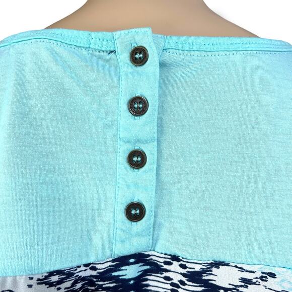 Jolt Womens Blouse Shirt Top Geo Print Pullover Short Sleeve Blue Teal Large - Picture 4 of 9